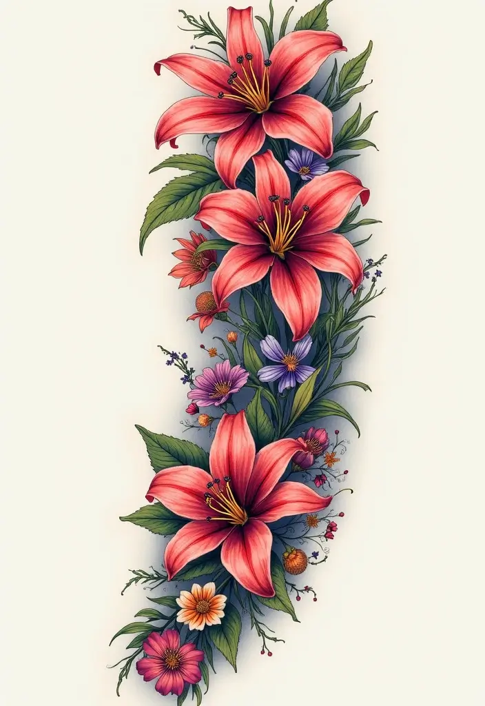 50 Stargazer Lily Tattoos with Elegant and Symbolic Designs 4 50 Stargazer Lily Tattoos with Elegant and Symbolic Designs - 4. Floral Sleeve