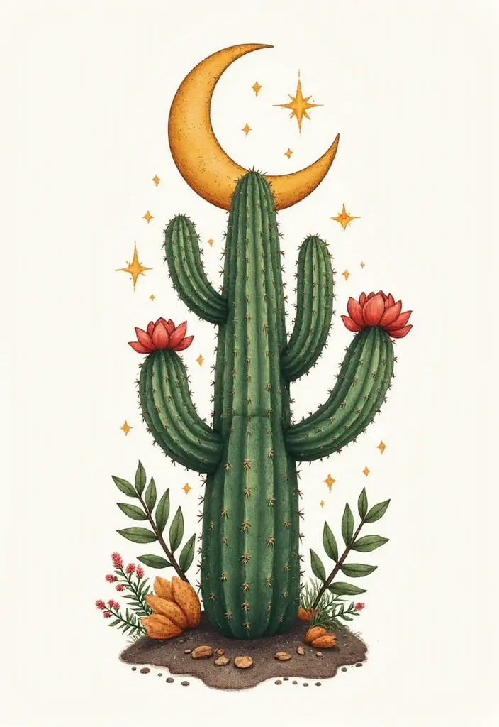 50 Cactus Tattoo Ideas with Minimalist and Symbolic Styles 4 50 Cactus Tattoo Ideas with Minimalist and Symbolic Styles - 4. Cactus and Moon