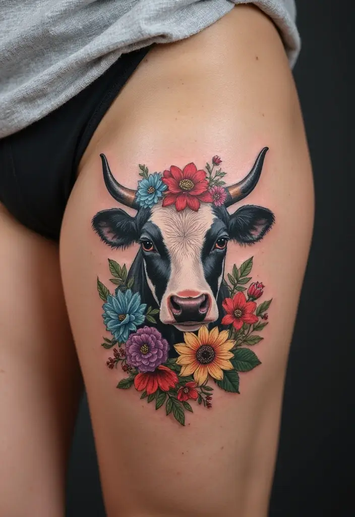 50 Cow Tattoo Designs with Fun and Unique Symbolism - 4. Floral Cow Tattoo