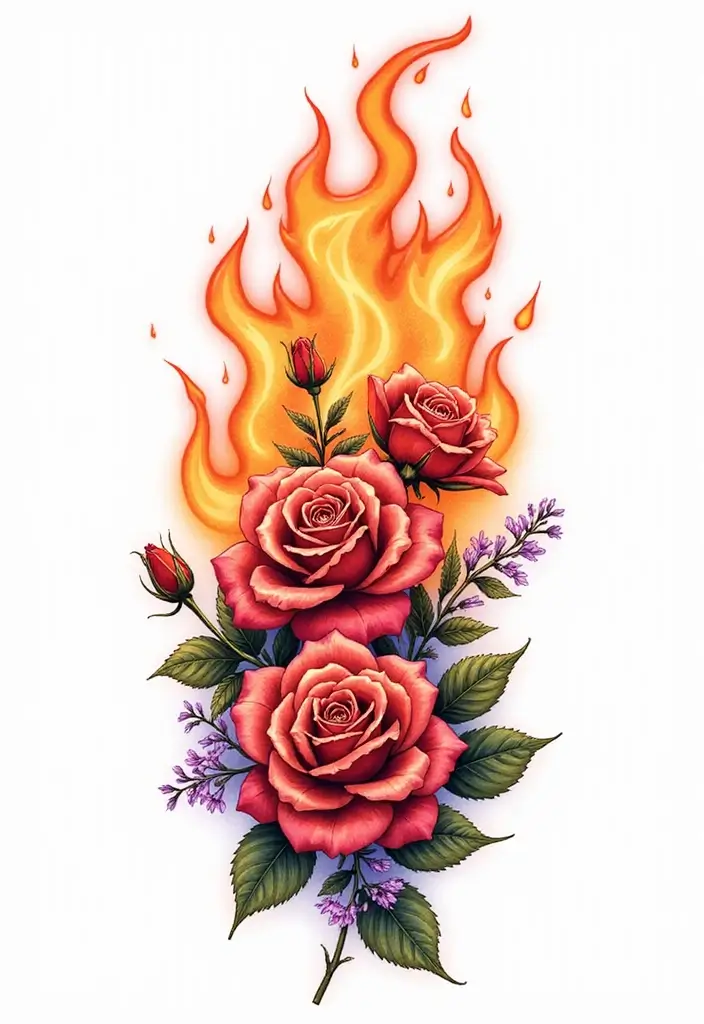 30 Fire Tattoos with Bold and Striking Designs 4 30 Fire Tattoos with Bold and Striking Designs - 4. Floral Flame: A Feminine Touch