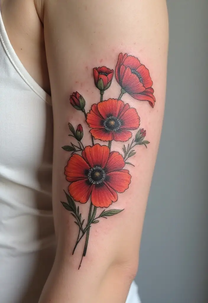 30 Poppy Tattoo Ideas with Symbolic Meanings 4 30 Poppy Tattoo Ideas with Symbolic Meanings - 4. Cluster of Poppies