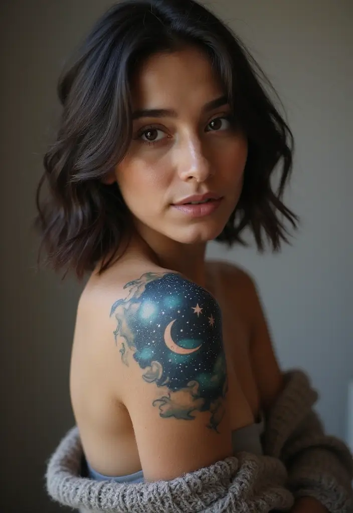 30 Shoulder Star Tattoos with Creative and Stylish Designs 4 30 Shoulder Star Tattoos with Creative and Stylish Designs - 4. Starry Sky Scene