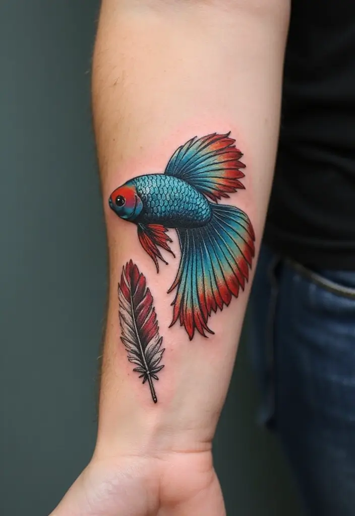 50 Betta Fish Tattoo Ideas with Unique and Colorful Designs 50 50 Betta Fish Tattoo Ideas with Unique and Colorful Designs - 50. Betta Fish with a Feather Quill