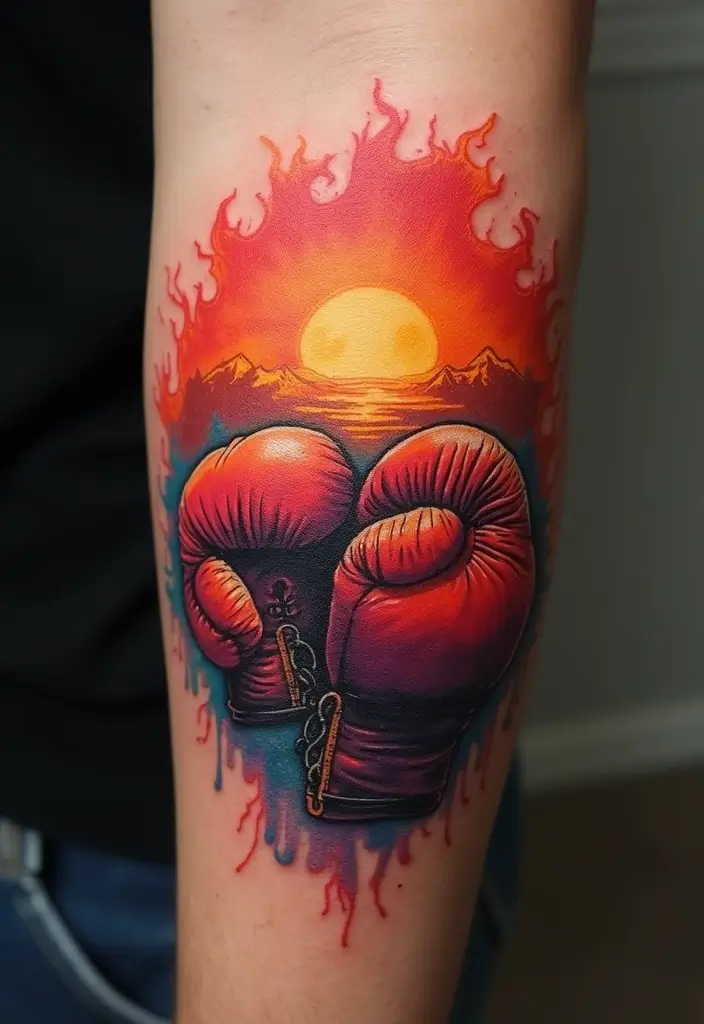 50 Boxing Gloves Tattoo Designs That Embody Strength and Courage! 50 50 Boxing Gloves Tattoo Designs That Embody Strength and Courage! - 50. Boxing Gloves with the Sun