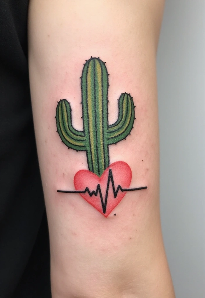 50 Cactus Tattoo Ideas with Minimalist and Symbolic Styles 50 50 Cactus Tattoo Ideas with Minimalist and Symbolic Styles - 50. Cactus with a Heartbeat Line