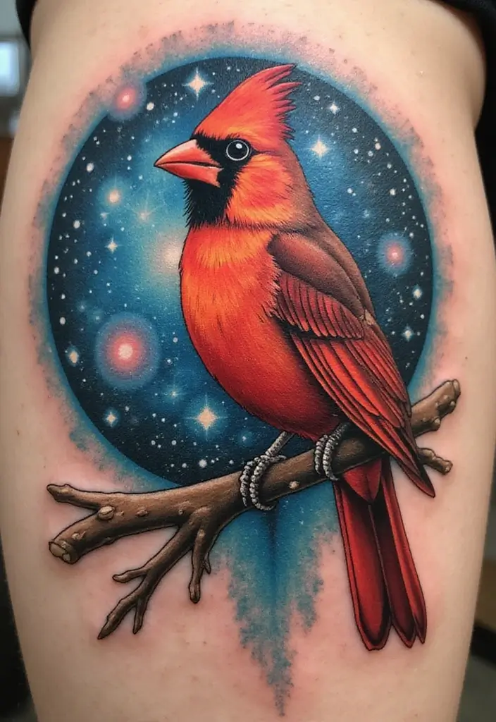 50 Cardinal Tattoo Ideas with Symbolism and Beautiful Designs - 50. Cardinal with a Galaxy