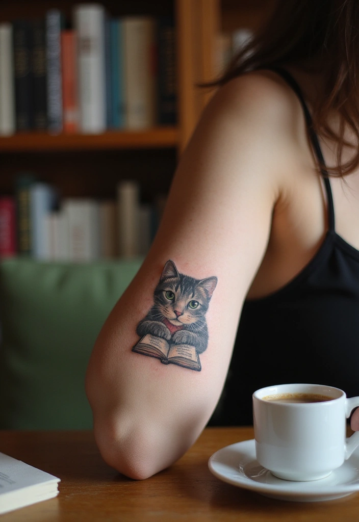 50 Creative Cat Tattoo Ideas for Every Style - 50. Cat and Bookworm