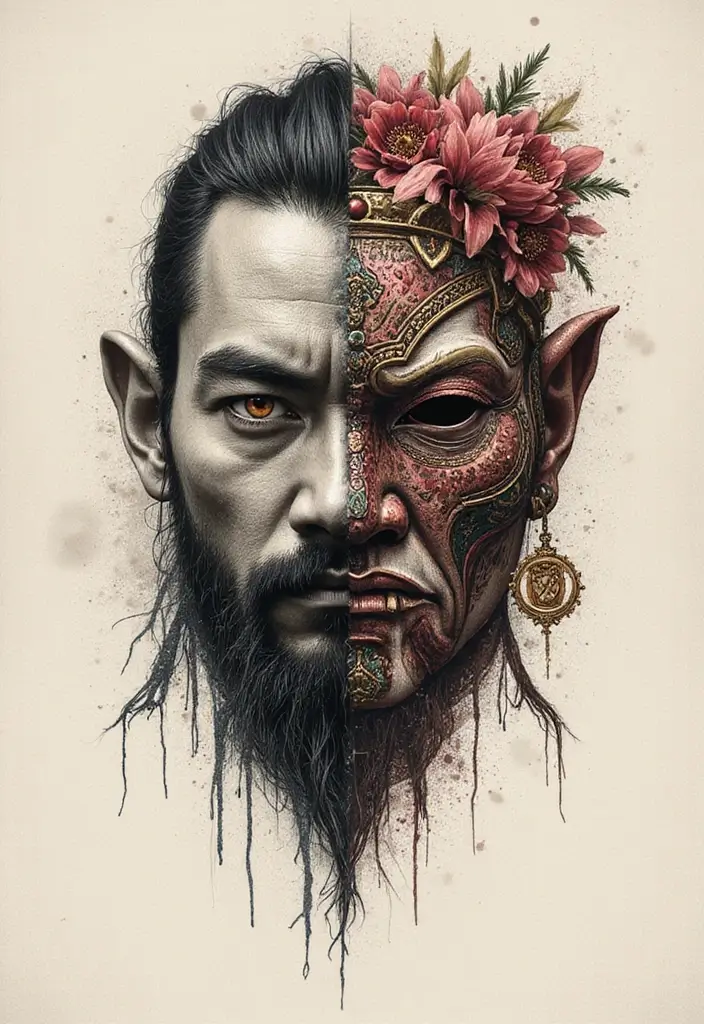 50 Oni Tattoo Designs with Powerful Japanese Symbolism 50 50 Oni Tattoo Designs with Powerful Japanese Symbolism - 50. Oni with a Mask of Peace