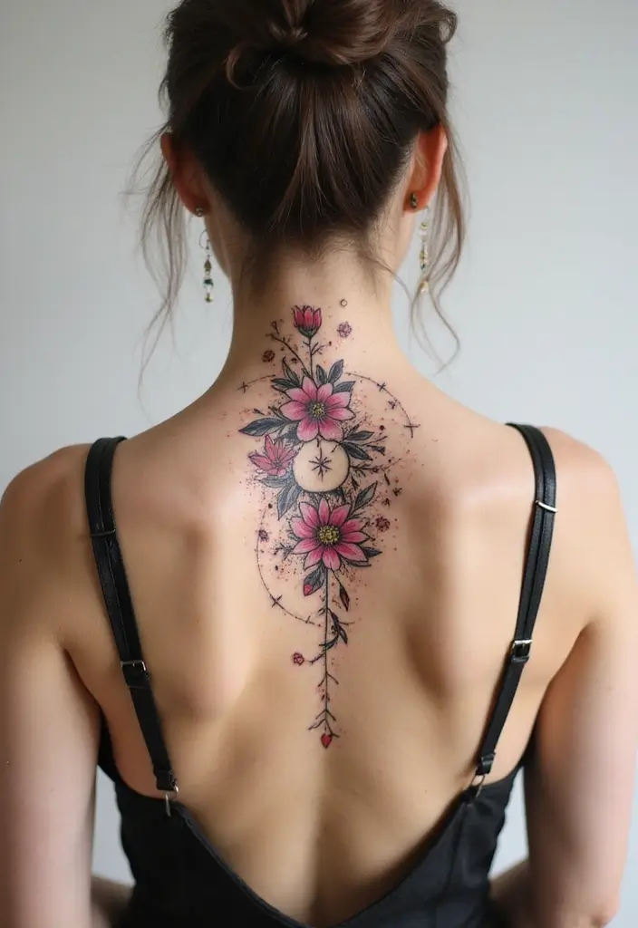 99 Stunning Spine Tattoos for Women to Inspire Your Next Ink - 50. Floral Constellations