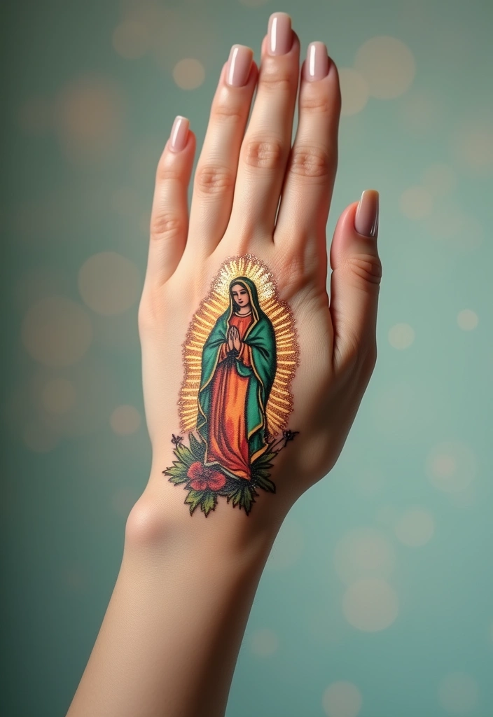 50 Virgin Mary Hand Tattoos with Spiritual and Artistic Designs - 50. Virgin Mary with a Shimmering Aura