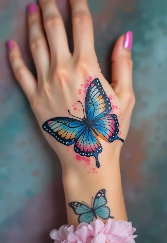 50 Beautiful Butterfly Hand Tattoos for Women: Creative Designs to Inspire Your Next Body Art 2 50 Beautiful Butterfly Hand Tattoos for Women: Creative Designs to Inspire Your Next Body Art - 2. Vibrant Watercolor Butterfly