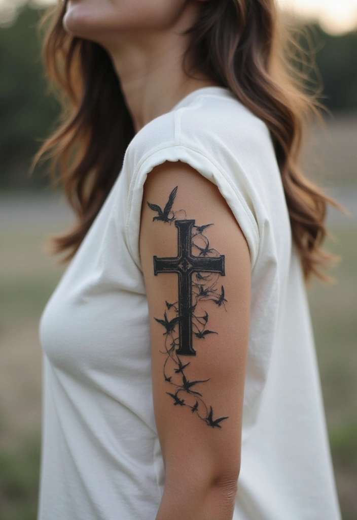 50 Cross Tattoo Ideas for Men and Women with Deep Meaning - 5. Cross with Birds