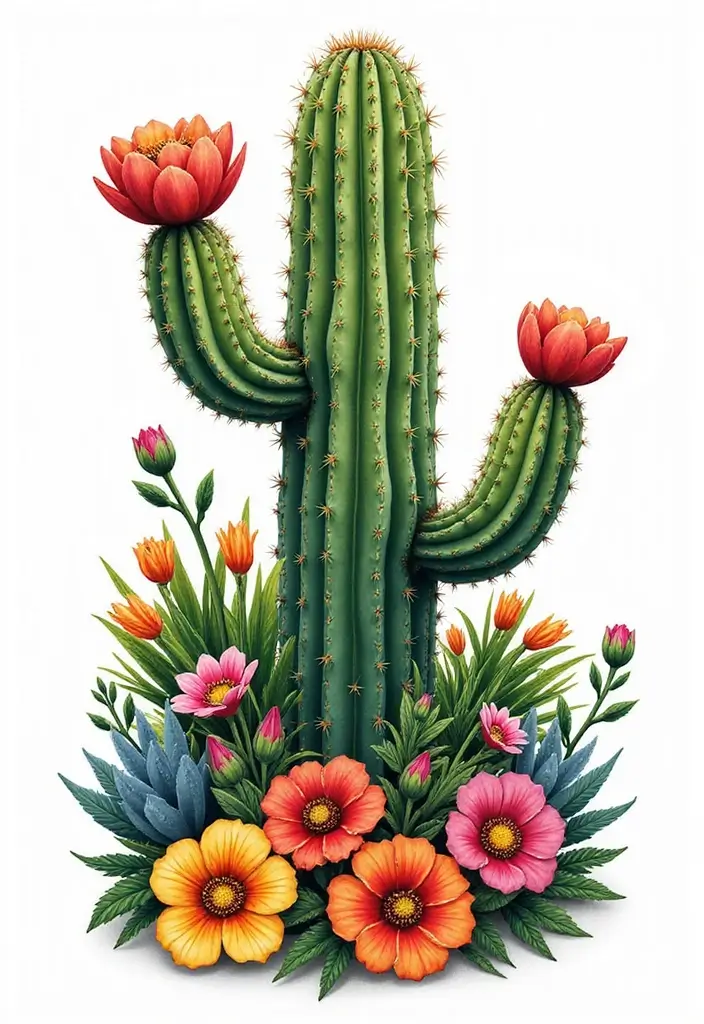 50 Cactus Tattoo Ideas with Minimalist and Symbolic Styles 5 50 Cactus Tattoo Ideas with Minimalist and Symbolic Styles - 5. Cactus Flower Flourish