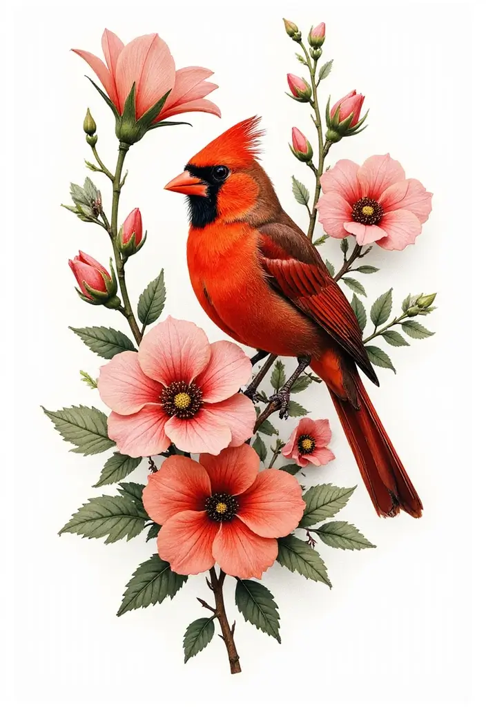 50 Cardinal Tattoo Ideas with Symbolism and Beautiful Designs - 5. Cardinal with Flowers