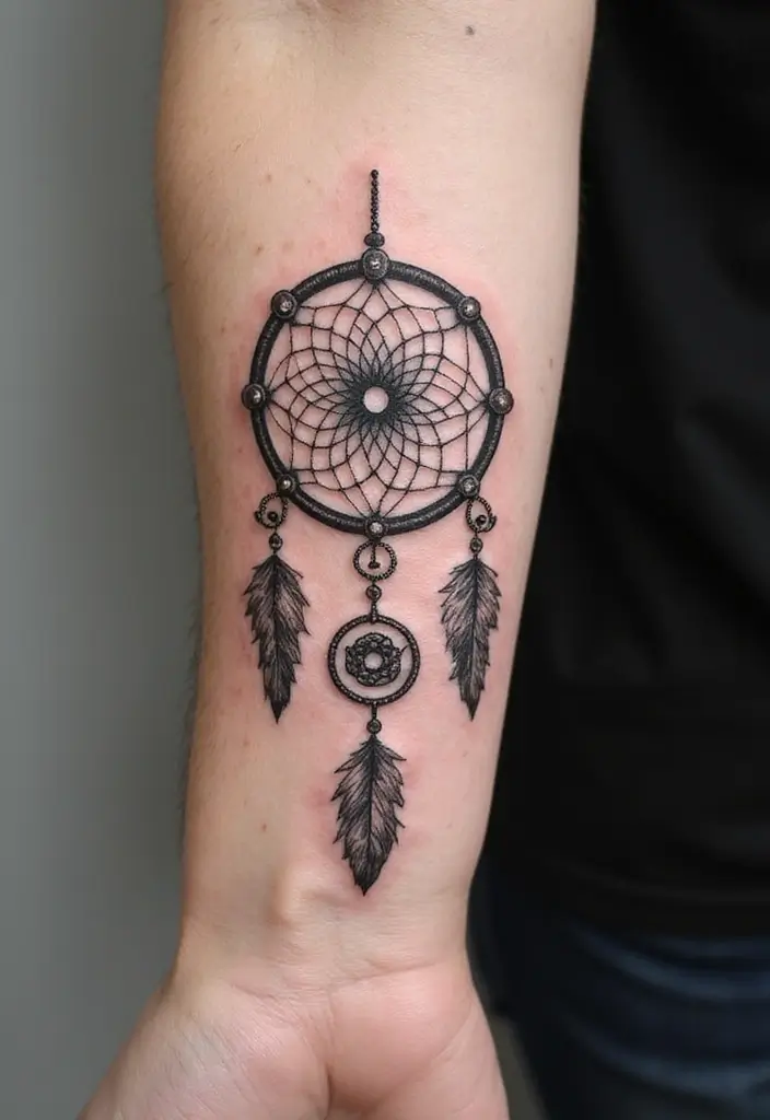 50 Dreamcatcher Tattoo Ideas with Cultural Symbolism 5 50 Dreamcatcher Tattoo Ideas with Cultural Symbolism - 5. Dreamcatcher with Meaningful Symbols