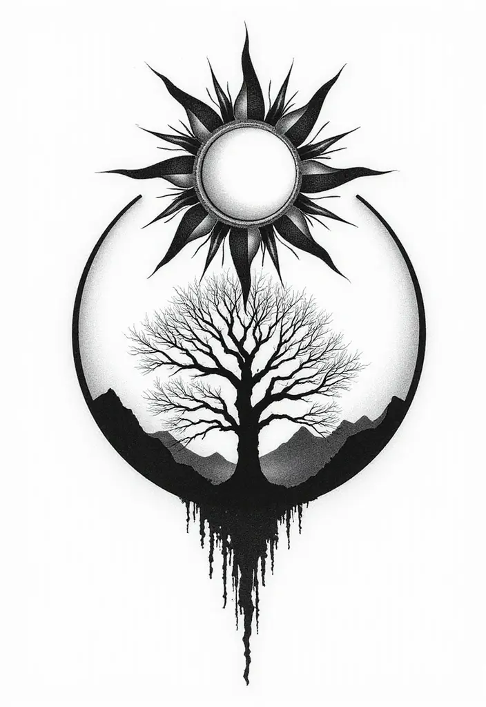 50 Eclipse Tattoo Designs with Powerful Meaning and Symbolism - 5. Eclipse with Nature Elements