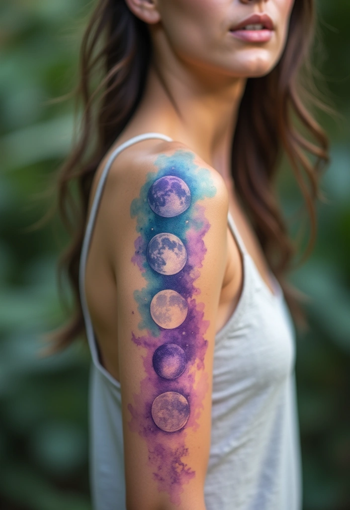 30 Moon Phase Tattoo Ideas with Symbolism and Elegant Designs 5 30 Moon Phase Tattoo Ideas with Symbolism and Elegant Designs - 5. Watercolor Moon Phase Tattoo