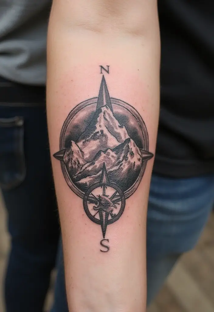 50 Mountain Tattoo Ideas with Powerful and Minimalist Designs 5 50 Mountain Tattoo Ideas with Powerful and Minimalist Designs - 5. Mountain Range with Compass