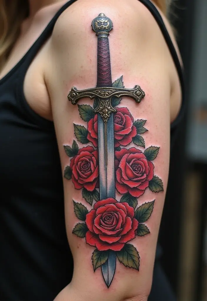 50 Sword Tattoo Designs and Symbolism to Inspire Your Next Ink 5 50 Sword Tattoo Designs and Symbolism to Inspire Your Next Ink - 5. Sword with Roses