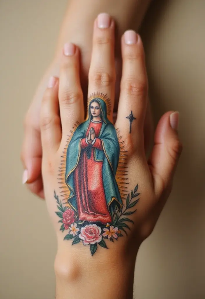 50 Virgin Mary Hand Tattoos with Spiritual and Artistic Designs - 5. Virgin Mary with Floral Accents