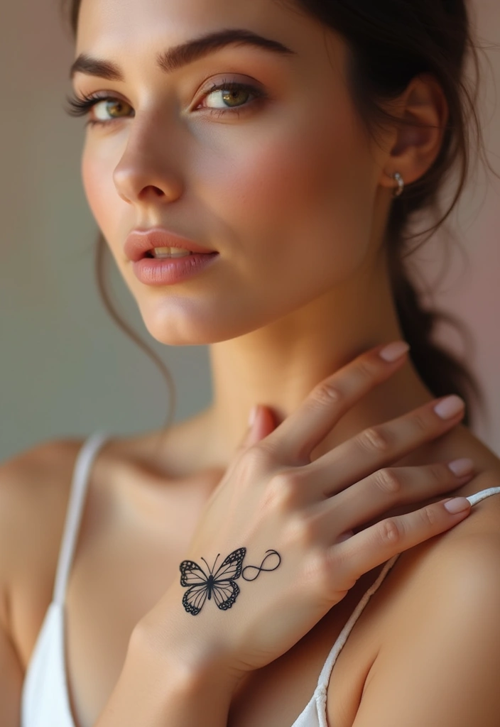 50 Beautiful Butterfly Hand Tattoos for Women: Creative Designs to Inspire Your Next Body Art 10 50 Beautiful Butterfly Hand Tattoos for Women: Creative Designs to Inspire Your Next Body Art - 10. Butterfly and Infinity Symbol Combo