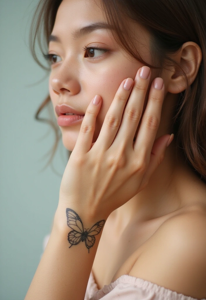 50 Beautiful Butterfly Hand Tattoos for Women: Creative Designs to Inspire Your Next Body Art 14 50 Beautiful Butterfly Hand Tattoos for Women: Creative Designs to Inspire Your Next Body Art - 14. Minimalist Butterfly with Dots