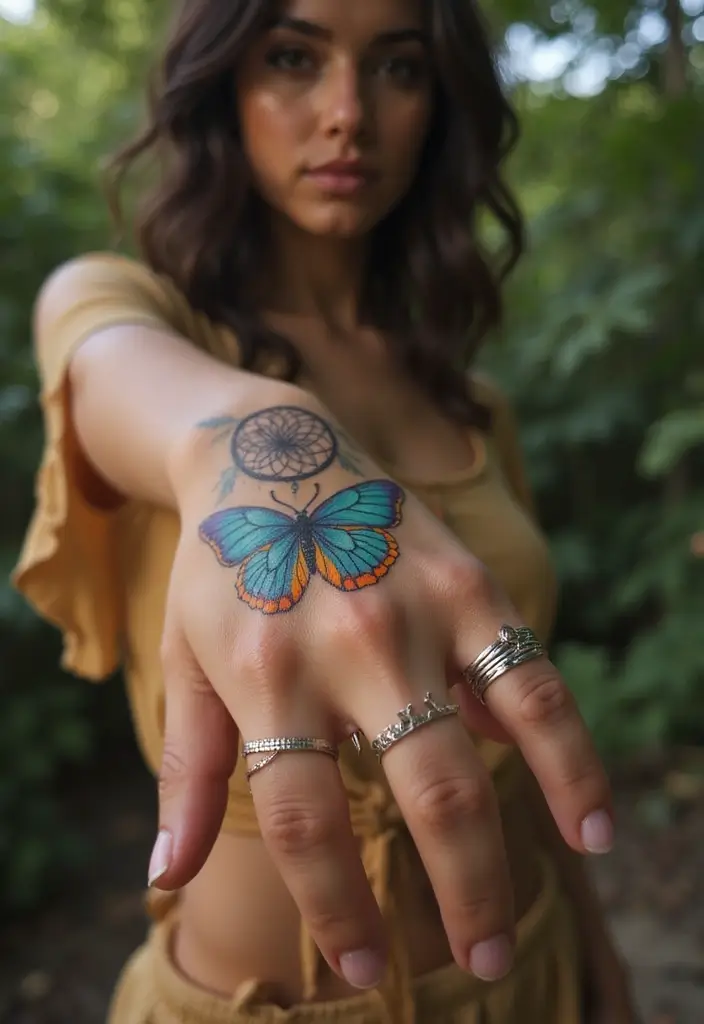 50 Beautiful Butterfly Hand Tattoos for Women: Creative Designs to Inspire Your Next Body Art 15 50 Beautiful Butterfly Hand Tattoos for Women: Creative Designs to Inspire Your Next Body Art - 15. Butterfly with a Dreamcatcher