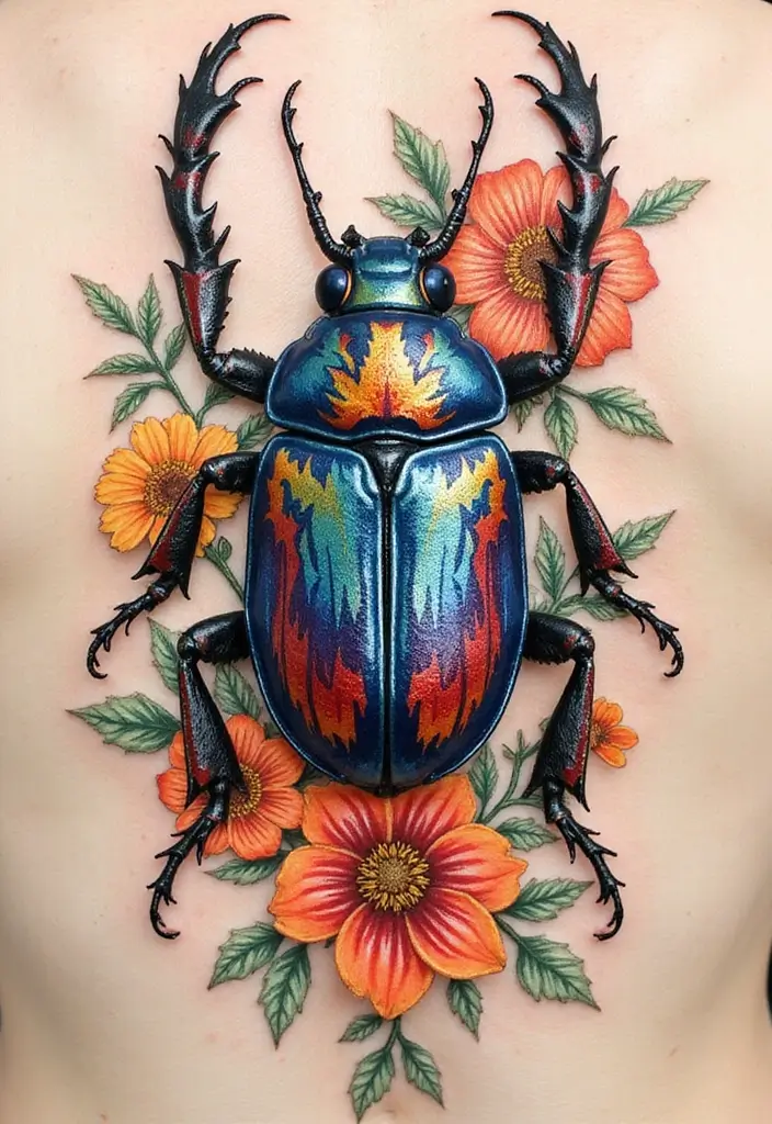 50 Bug Pin Tattoo Designs That Are Unique and Creative - 6. Floral Beetle Fusion