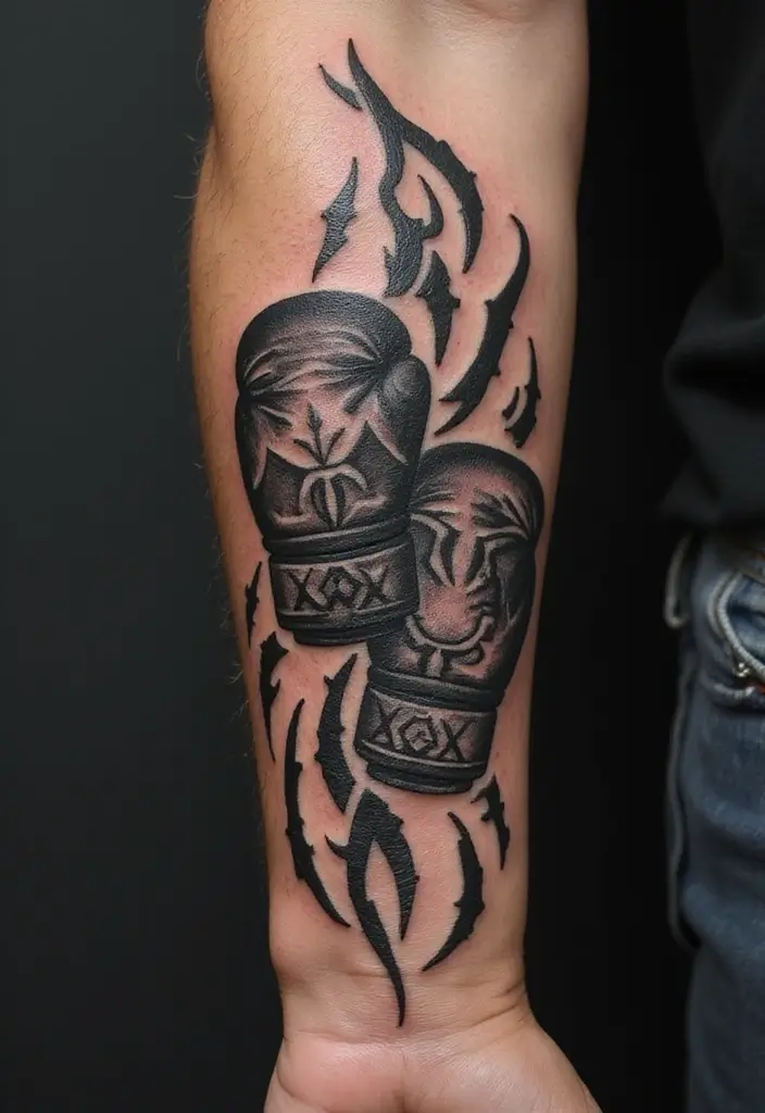50 Boxing Gloves Tattoo Designs That Embody Strength and Courage! 6 50 Boxing Gloves Tattoo Designs That Embody Strength and Courage! - 6. Tribal Boxing Gloves