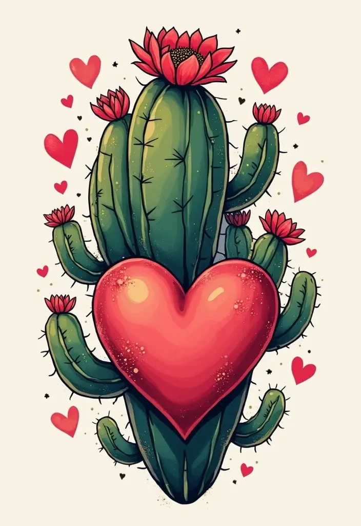50 Cactus Tattoo Ideas with Minimalist and Symbolic Styles 6 50 Cactus Tattoo Ideas with Minimalist and Symbolic Styles - 6. Cactus and Heart Design