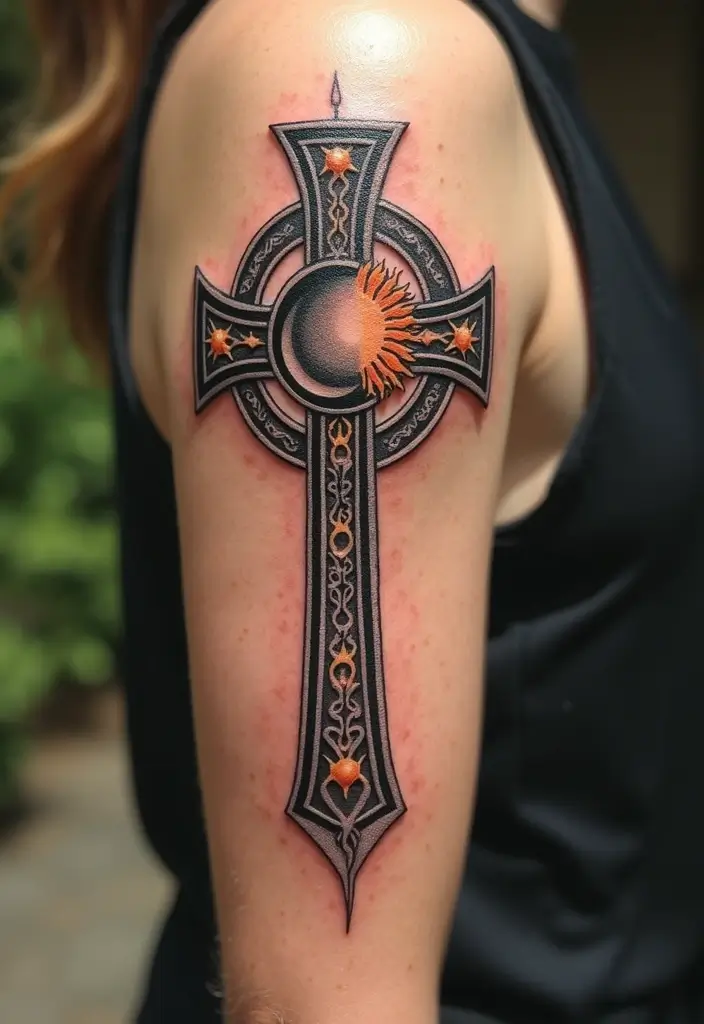 30 Celtic Cross Tattoos for Men and Women with Spiritual Value 6 30 Celtic Cross Tattoos for Men and Women with Spiritual Value - 6. Sun and Moon Celtic Cross