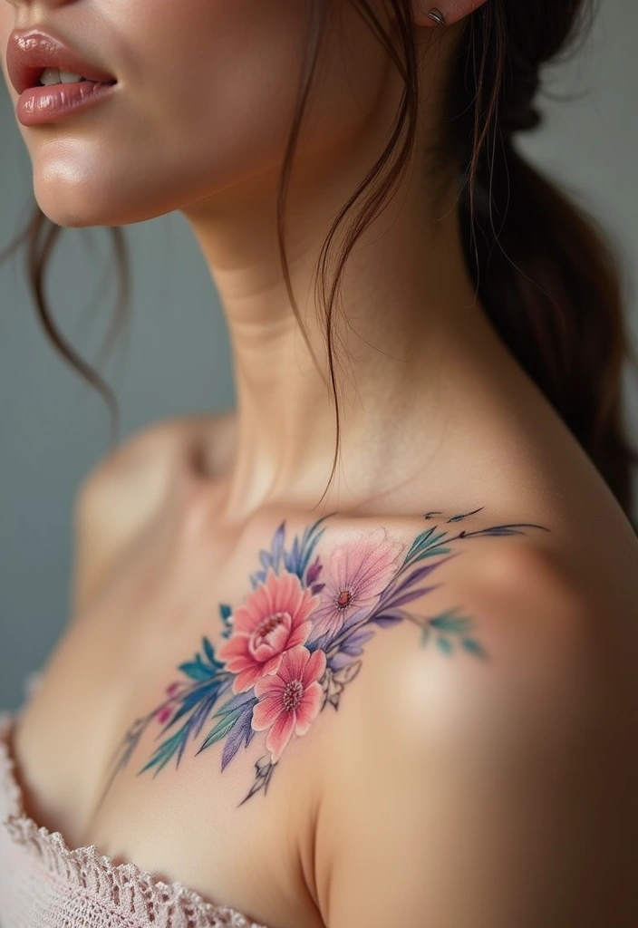 50 Elegant Collarbone Tattoo Ideas for Women 6 50 Elegant Collarbone Tattoo Ideas for Women - 6. Watercolor Designs