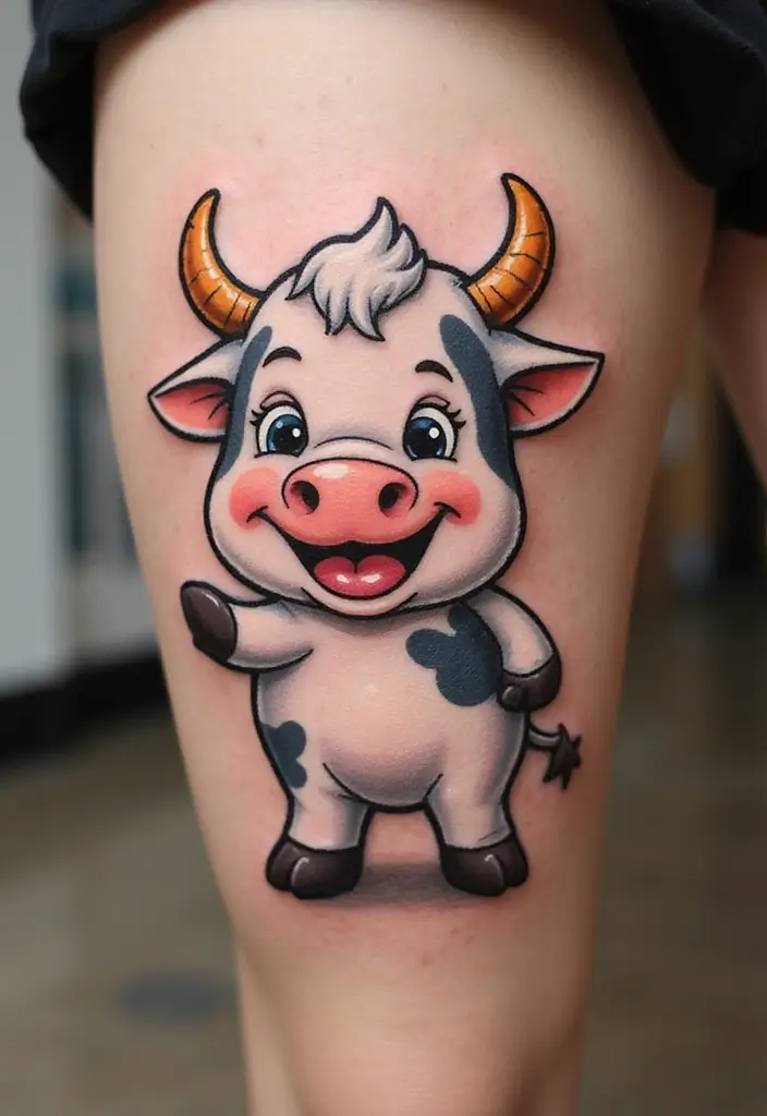 50 Cow Tattoo Designs with Fun and Unique Symbolism - 6. Cartoon Cow Tattoo