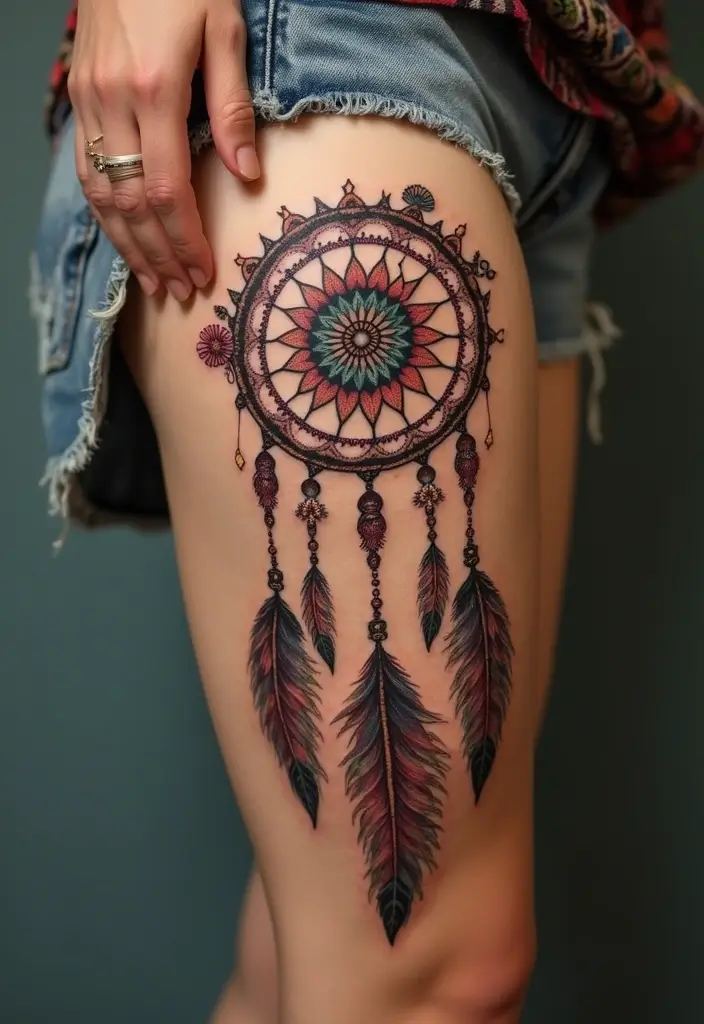 50 Dreamcatcher Tattoo Ideas with Cultural Symbolism 6 50 Dreamcatcher Tattoo Ideas with Cultural Symbolism - 6. Bohemian Style Dreamcatcher