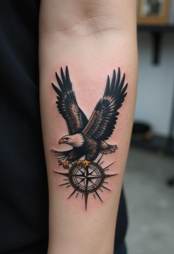 30 Eagle Tattoo Designs That Represent Strength and Freedom 6 30 Eagle Tattoo Designs That Represent Strength and Freedom - 6. Eagle and Compass Combo