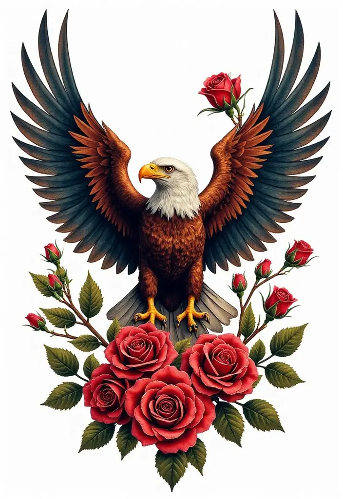 50 Eagle Tattoo Meaning Ideas and Symbolic Designs 6 50 Eagle Tattoo Meaning Ideas and Symbolic Designs - 6. Eagle with Roses
