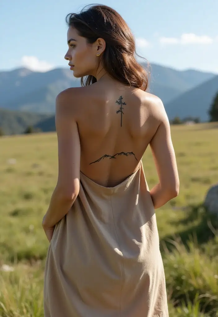 30 Female Back Tattoos That Are Elegant and Powerful 6 30 Female Back Tattoos That Are Elegant and Powerful - 6. Nature-Inspired Mountain Range