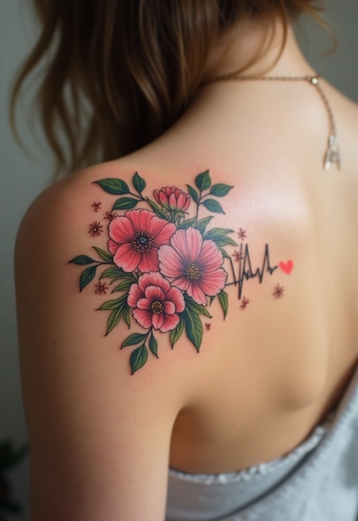 30 Heart Beat Tattoo Designs with Special Meaning 6 30 Heart Beat Tattoo Designs with Special Meaning - 6. Floral Heartbeat Tattoo
