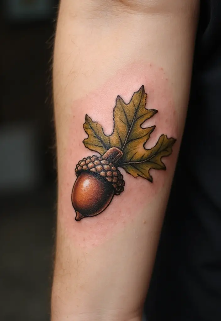 30 Oak Leaf Tattoo Designs with Nature-Inspired Symbolism - 6. Oak Leaf with Acorn Tattoo