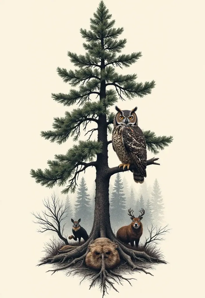 30 Pine Tree Tattoo Ideas with Nature-Inspired Symbolism - 6. Pine Tree with Animals