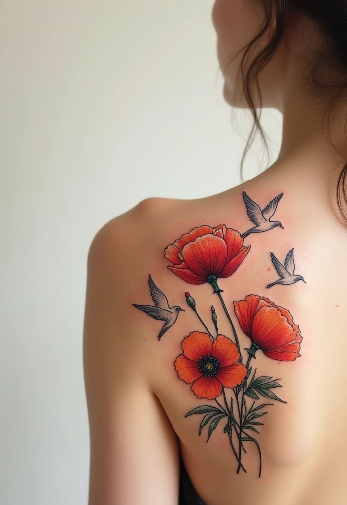 30 Poppy Tattoo Ideas with Symbolic Meanings 6 30 Poppy Tattoo Ideas with Symbolic Meanings - 6. Poppy and Doves