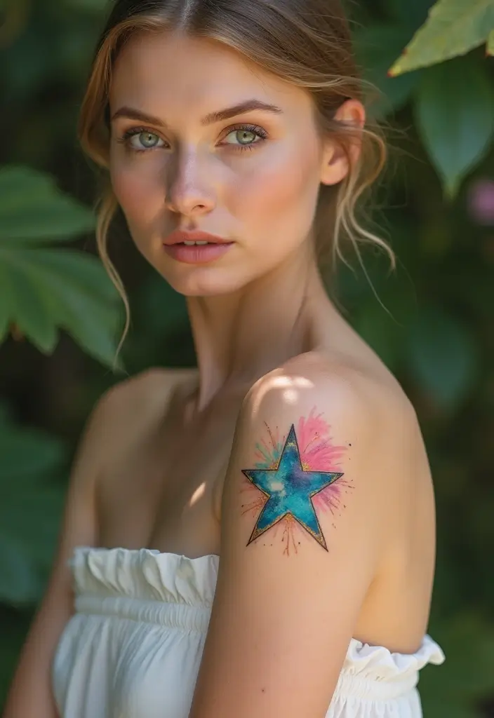30 Shoulder Star Tattoos with Creative and Stylish Designs 6 30 Shoulder Star Tattoos with Creative and Stylish Designs - 6. Watercolor Stars