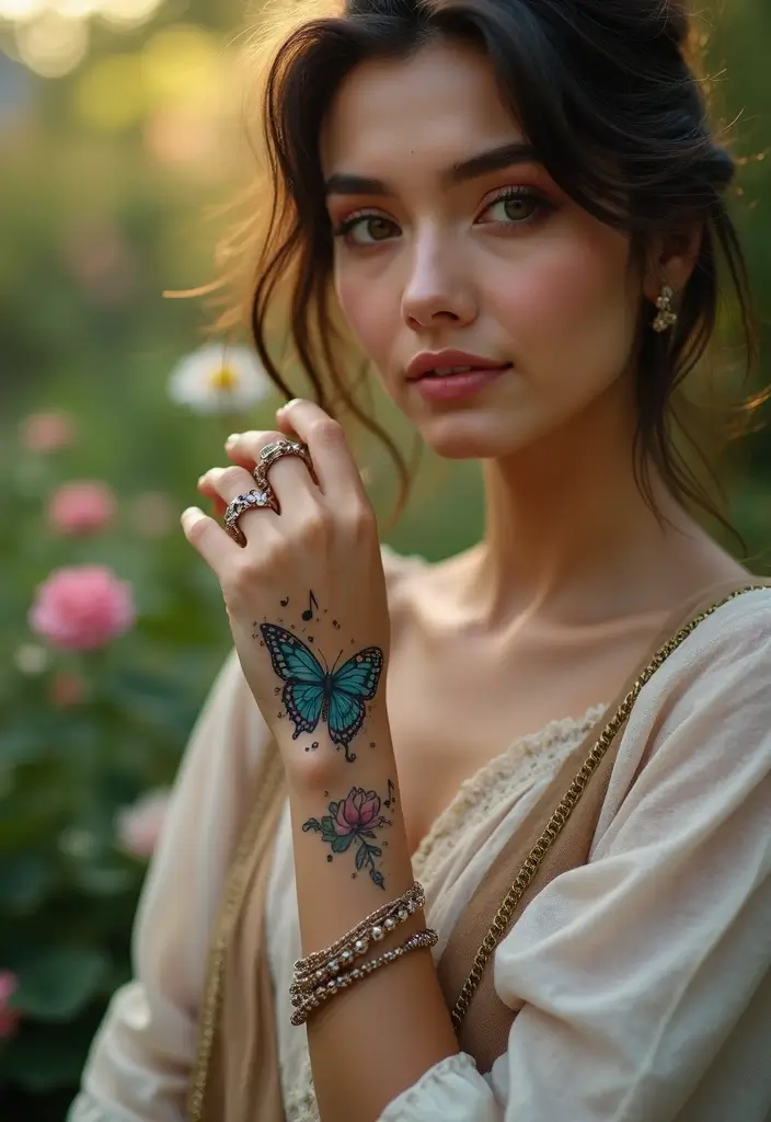 50 Beautiful Butterfly Hand Tattoos for Women: Creative Designs to Inspire Your Next Body Art 23 50 Beautiful Butterfly Hand Tattoos for Women: Creative Designs to Inspire Your Next Body Art - 23. Butterfly and Music Notes