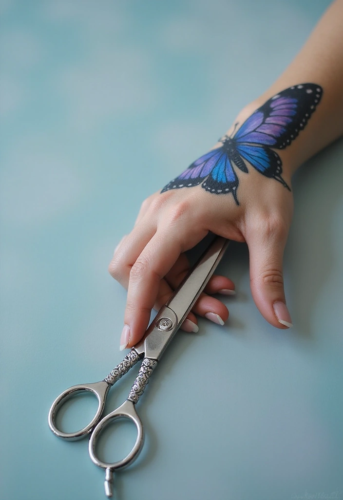 50 Beautiful Butterfly Hand Tattoos for Women: Creative Designs to Inspire Your Next Body Art 24 50 Beautiful Butterfly Hand Tattoos for Women: Creative Designs to Inspire Your Next Body Art - 24. Butterfly with Scissors