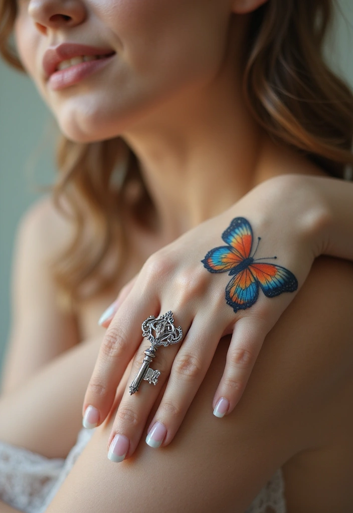 50 Beautiful Butterfly Hand Tattoos for Women: Creative Designs to Inspire Your Next Body Art 26 50 Beautiful Butterfly Hand Tattoos for Women: Creative Designs to Inspire Your Next Body Art - 26. Butterfly with a Key