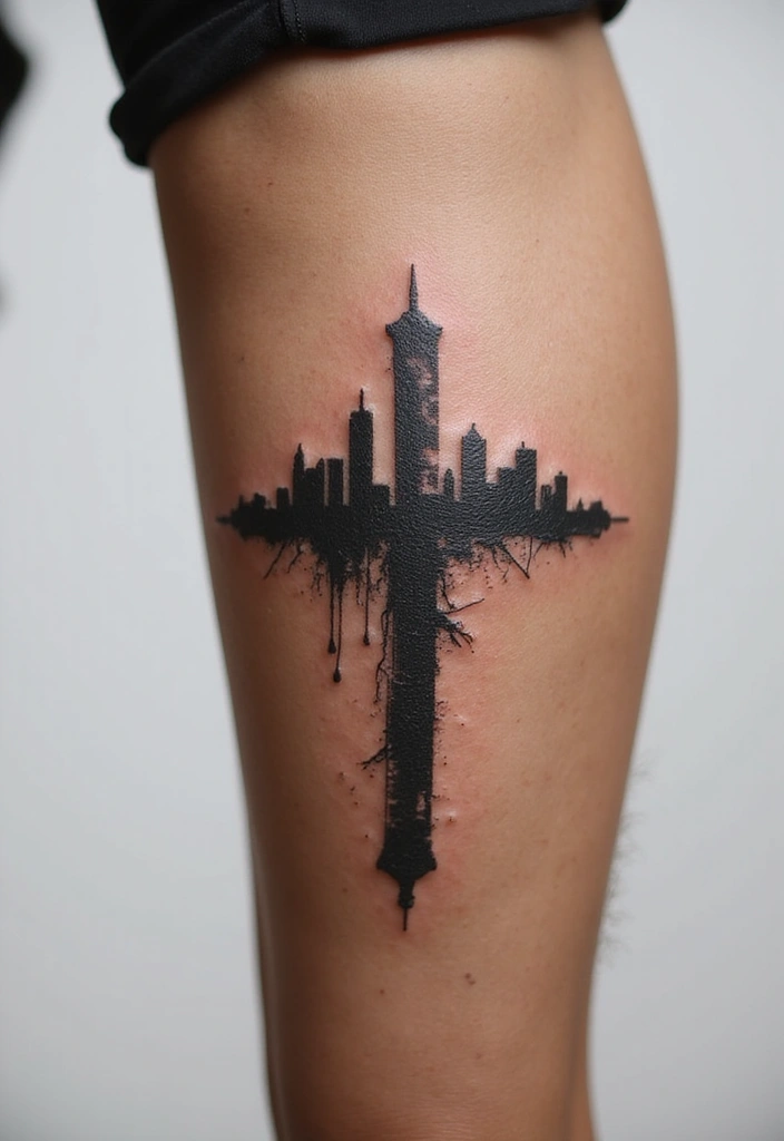 50 Cross Tattoo Ideas for Men and Women with Deep Meaning - 7. Cross with Skyline