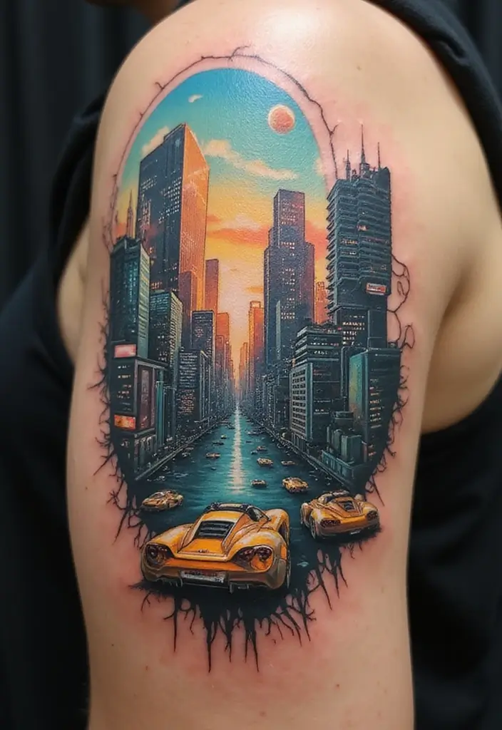 30 Biomech Tattoo Ideas with Futuristic and Bold Designs - 7. Futuristic Cityscape