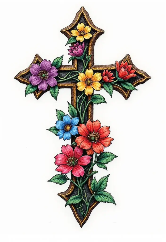 50 Cross Tattoo Meaning Inspirations and Symbolism Explained - 7. The Cross with Flowers: Beauty in Symbolism