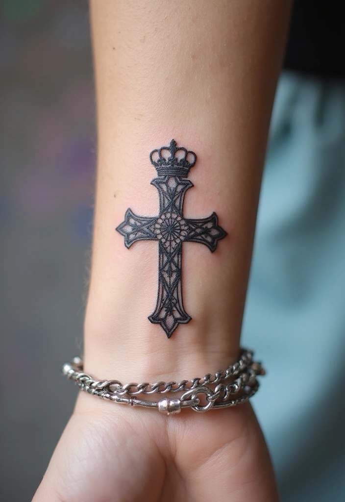 30 Cross Tattoos on Wrist with Meaningful and Elegant Designs 7 30 Cross Tattoos on Wrist with Meaningful and Elegant Designs - 7. Crowned Cross Tattoo
