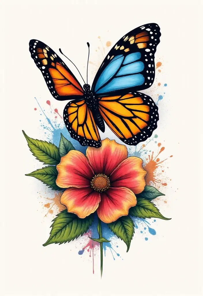 50 Half Butterfly Half Flower Tattoo Designs and Inspirations - 7. Dual Color Splash